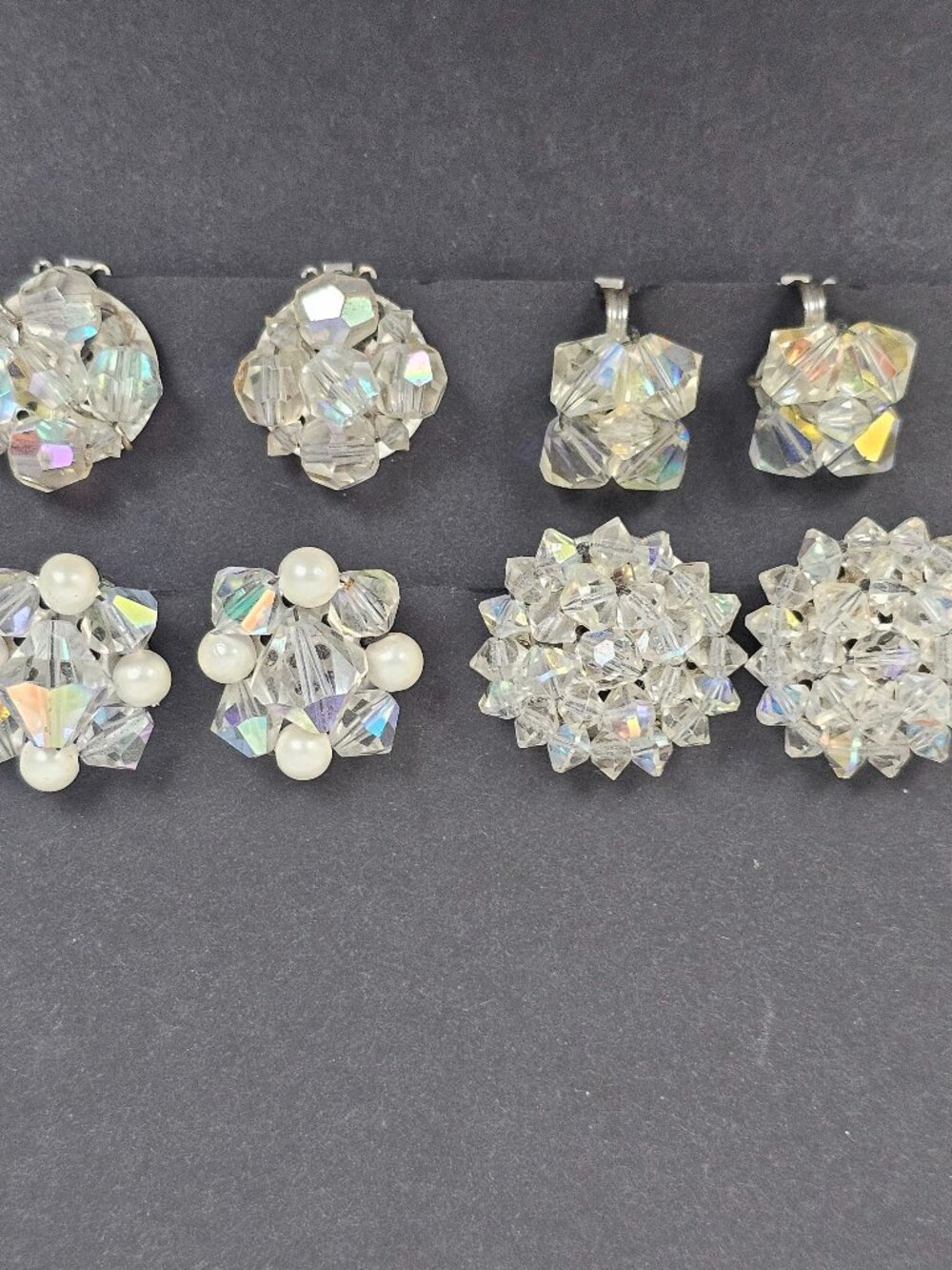 Vtg Crystal Glass Clear AB Aurora Borealis Cluster Clip On Earring 4 Pair Lot 98